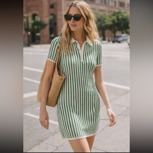 NWT FRAME The Cable Polo Dress Kelly Green & Ivory Size M